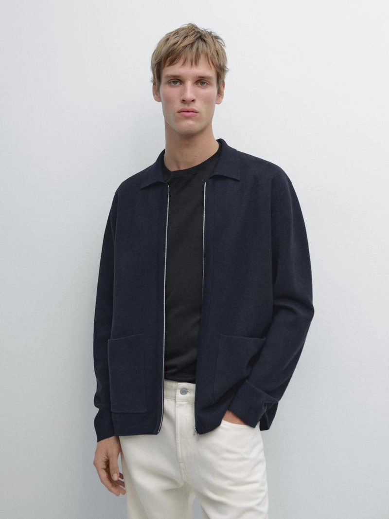 Кардиган из хлопка и шерсти с молнией и карманами