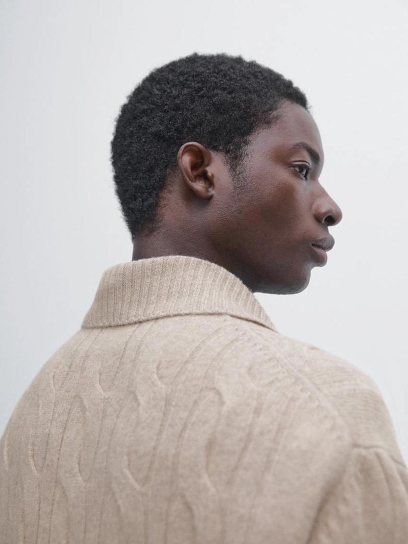 Поло-свитер с кабельным узором из 100% шерсти