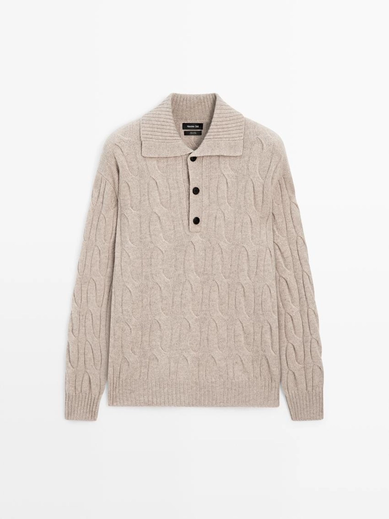 Поло-свитер с кабельным узором из 100% шерсти