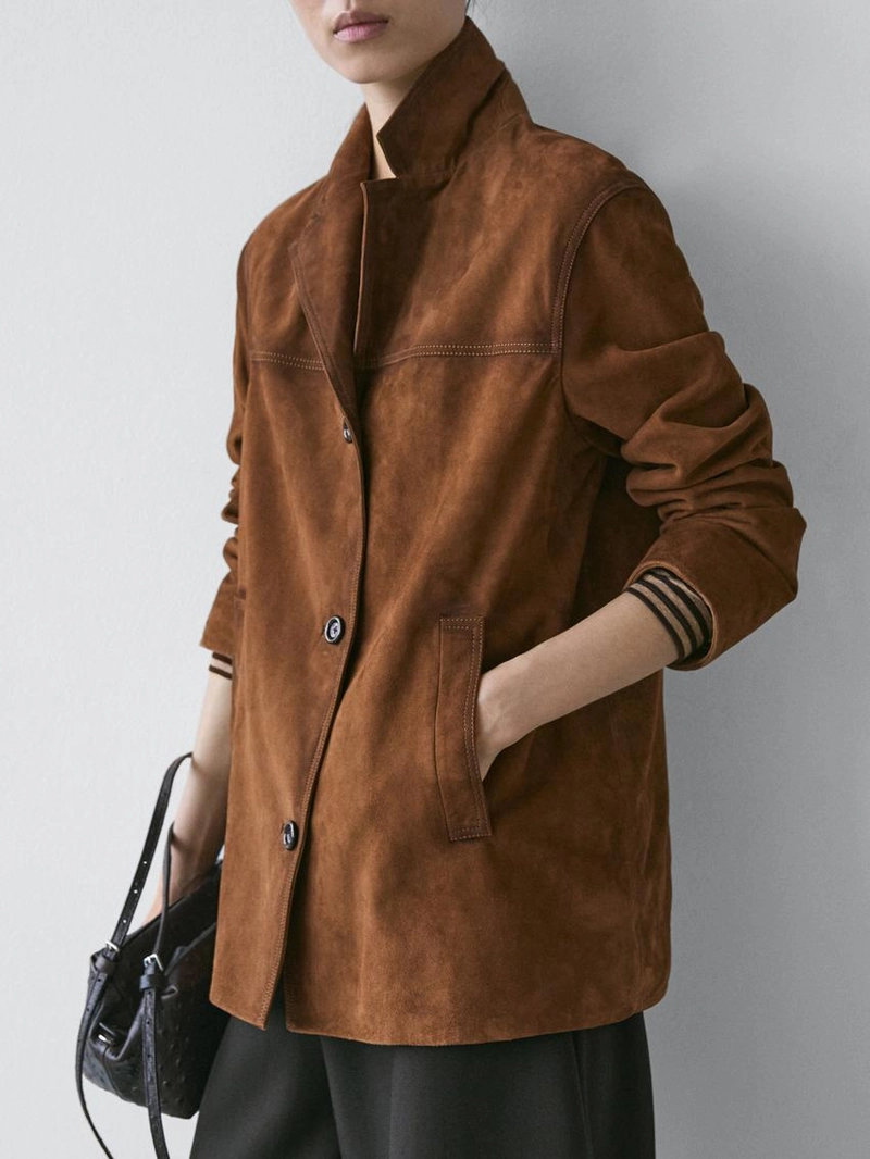 Замшевый кожаный пиджак с карманами