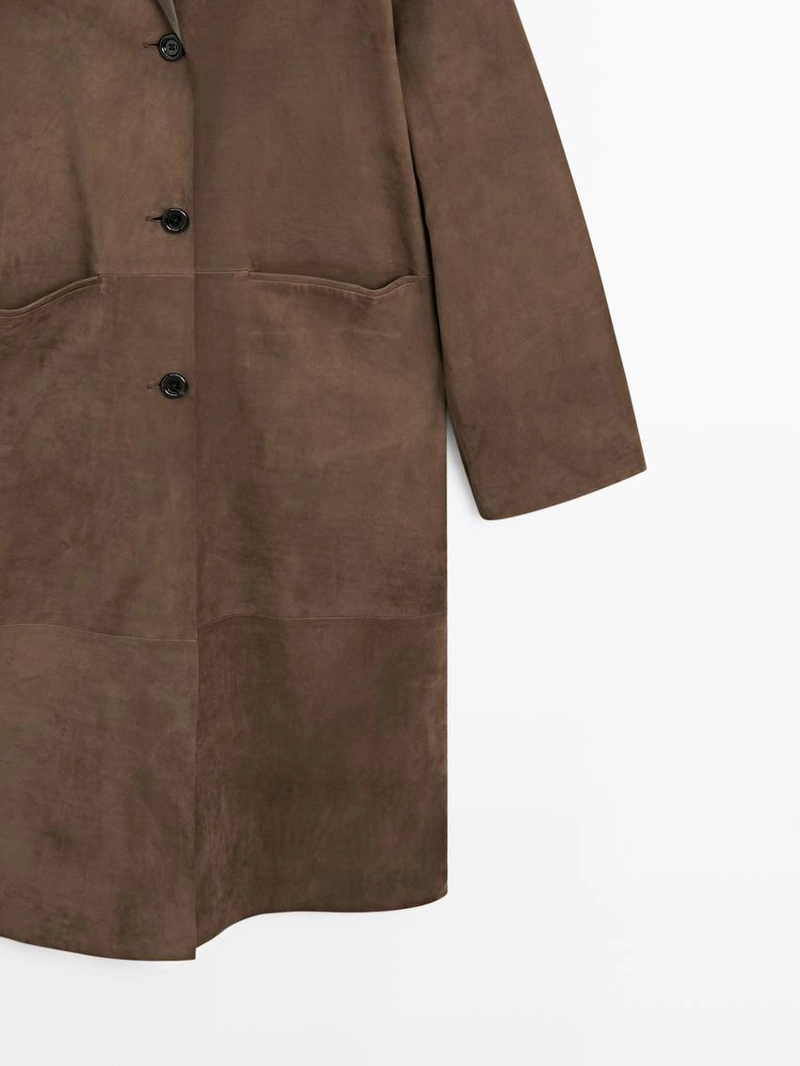 Длинное замшевое кожаное пальто