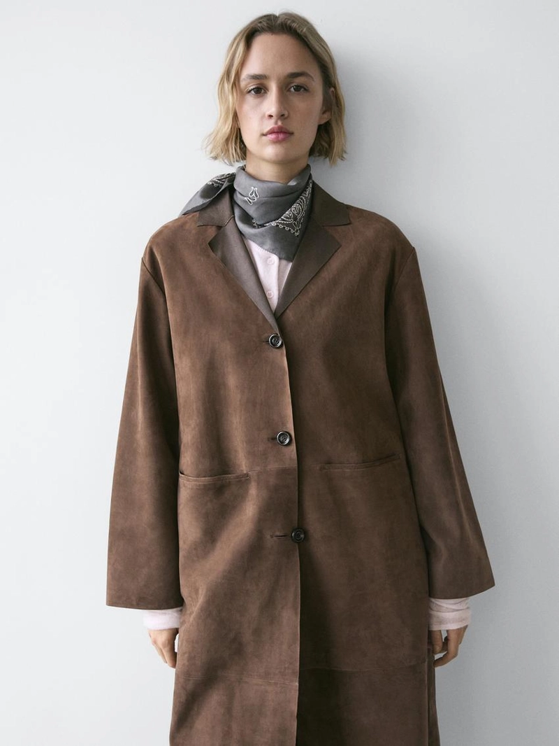 Длинное замшевое кожаное пальто