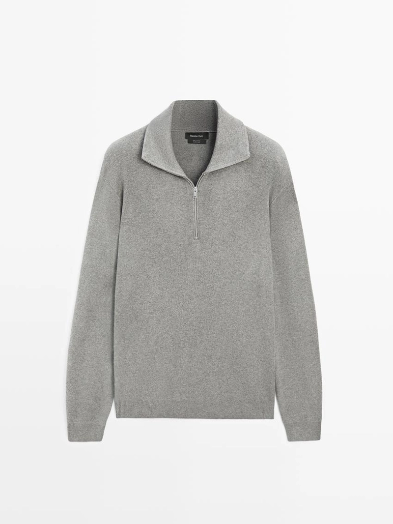 Трикотажный свитер с высоким воротником и молнией massimo dutti из хлопка