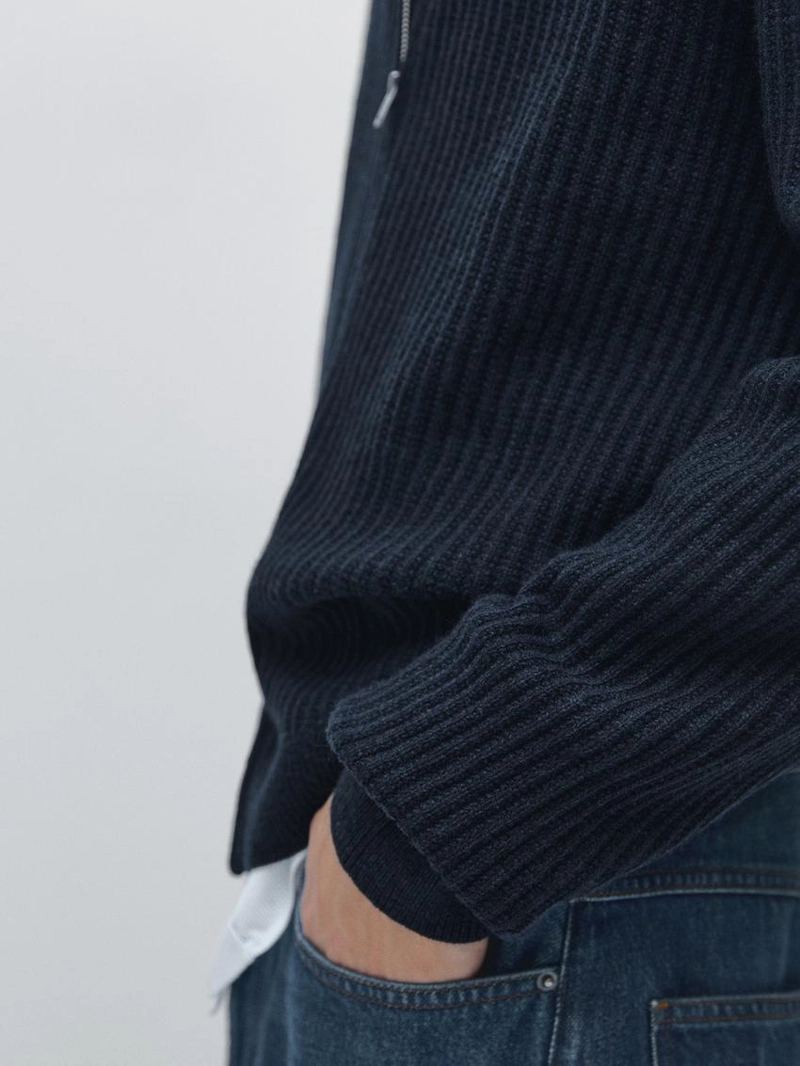 Кардиган с молнией из вязаного хлопка и шерсти в рубчик