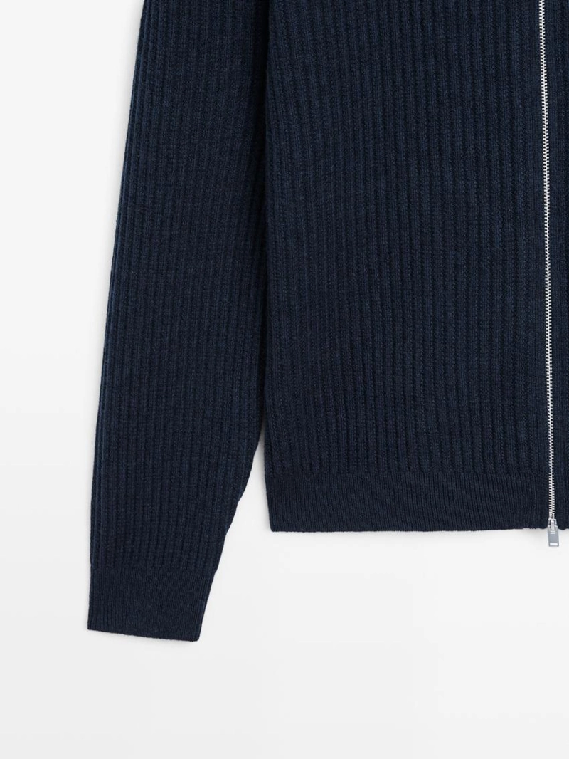 Кардиган с молнией из вязаного хлопка и шерсти в рубчик