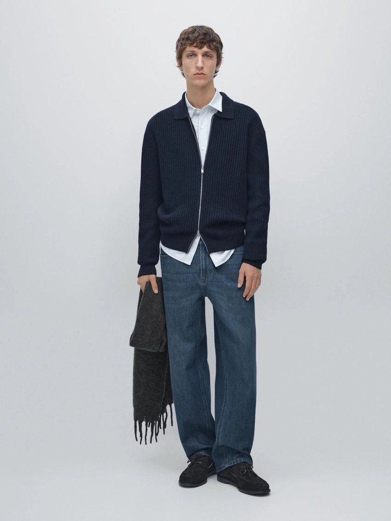 Кардиган с молнией из вязаного хлопка и шерсти в рубчик