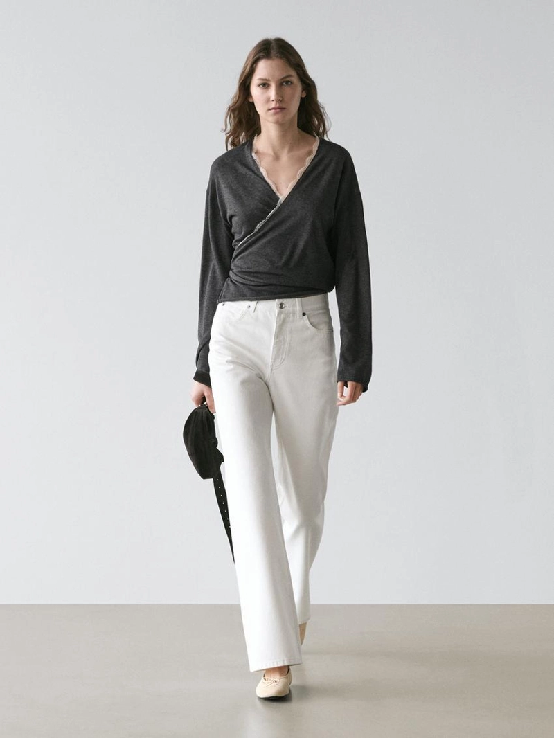 Кардиган с оборками и кружевом из шерстяного смесового вязаного полотна