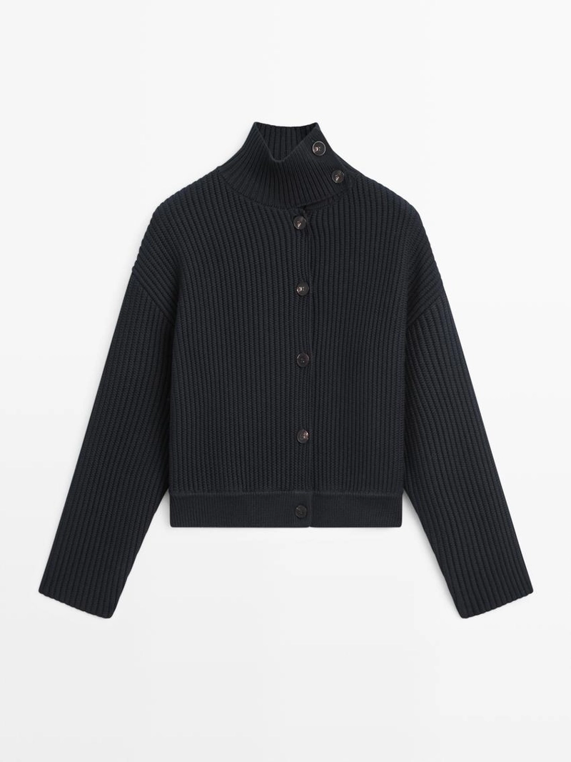 Кардиган из хлопкового трикотажа с высоким воротником