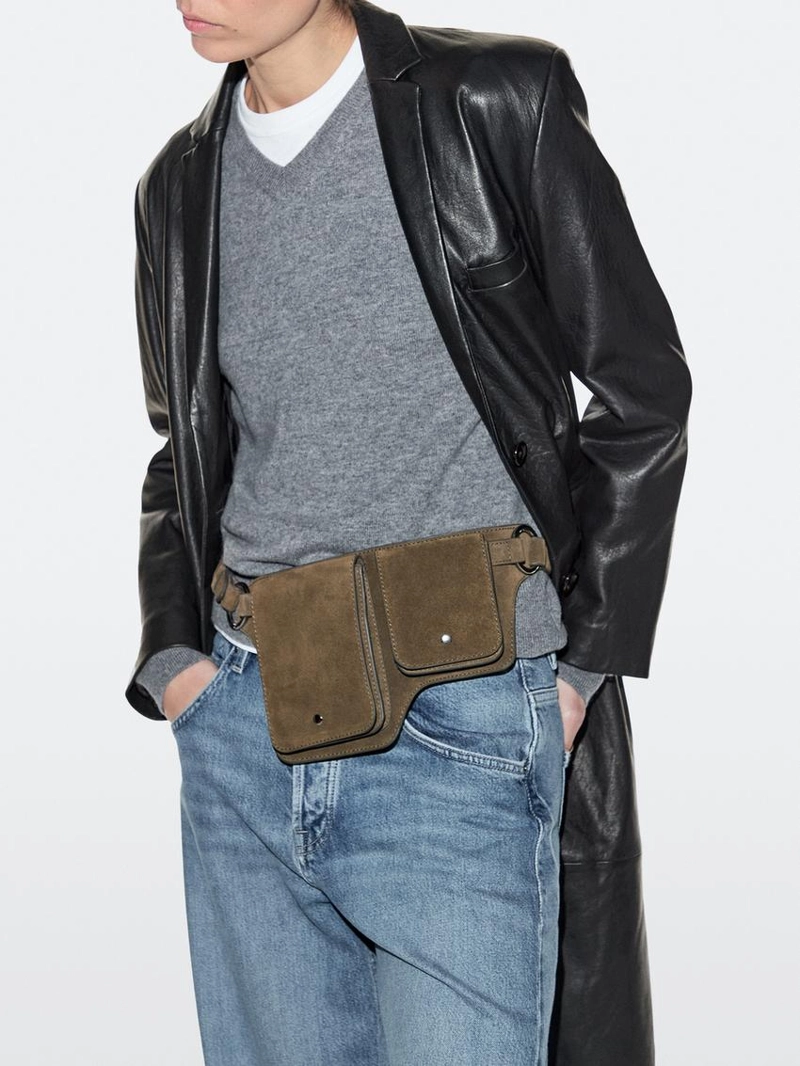 Поясная сумка из натуральной и спилковой кожи с двумя отделениями