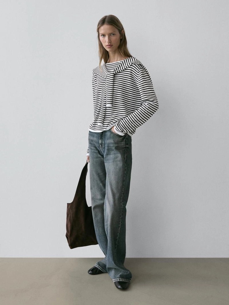 Джемпер из хлопкового трикотажа в полоску с деталями на рукавах