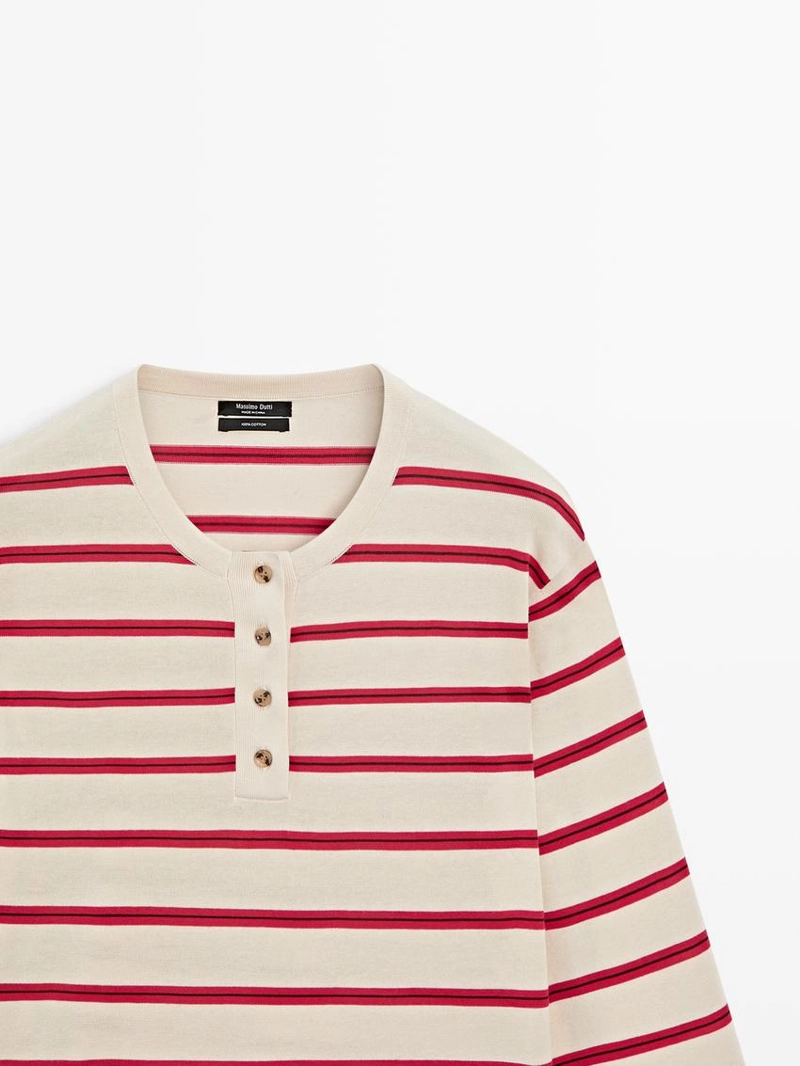 Вязанный хлопковый свитер с поло в полоску