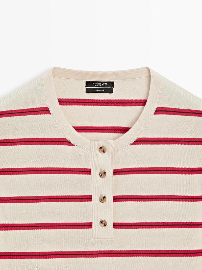 Вязанный хлопковый свитер с поло в полоску