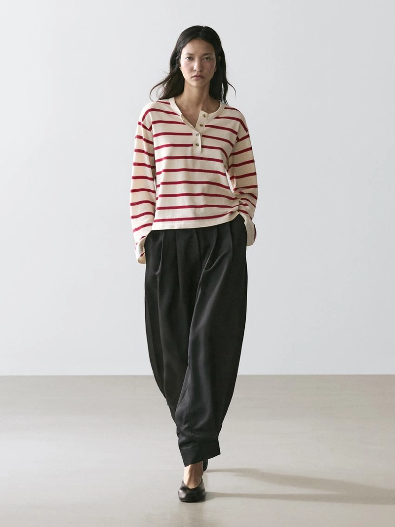 Вязанный хлопковый свитер с поло в полоску