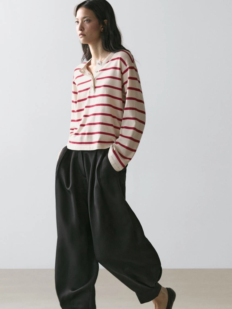 Вязанный хлопковый свитер с поло в полоску