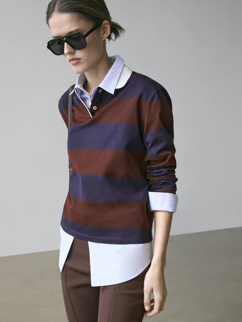 Поло с длинным рукавом из хлопка в полоску