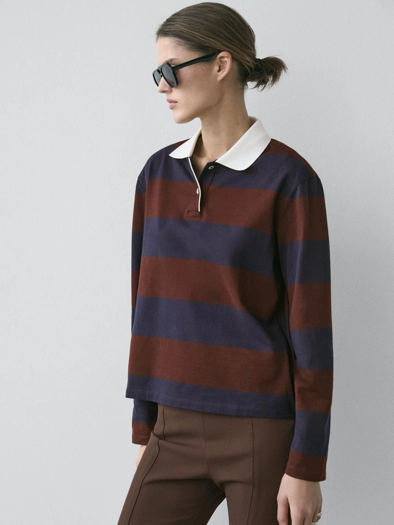 Поло с длинным рукавом из хлопка в полоску