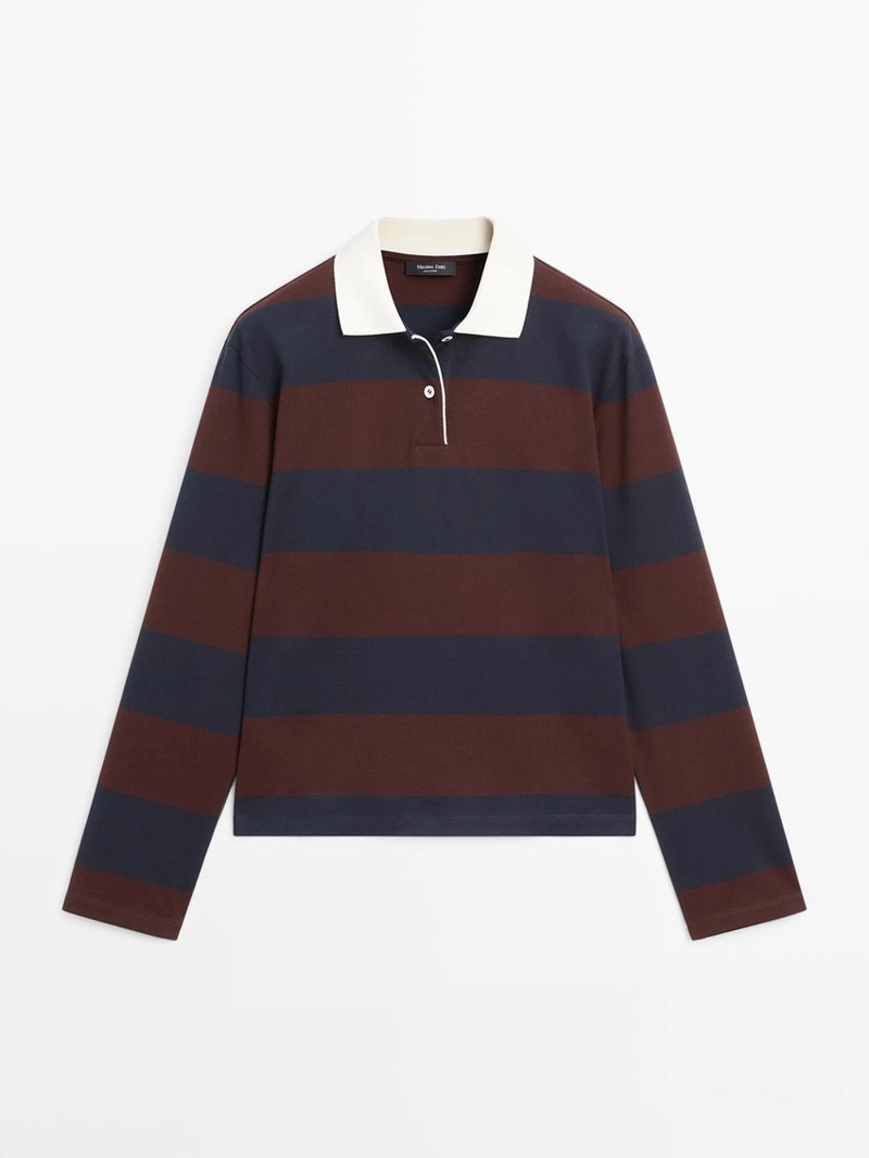 Поло с длинным рукавом из хлопка в полоску