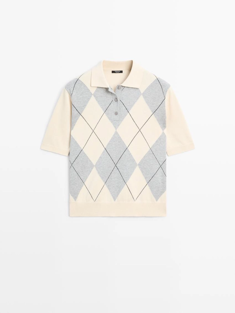 Водолазка с поло из джерси с узором из алмазной вязки