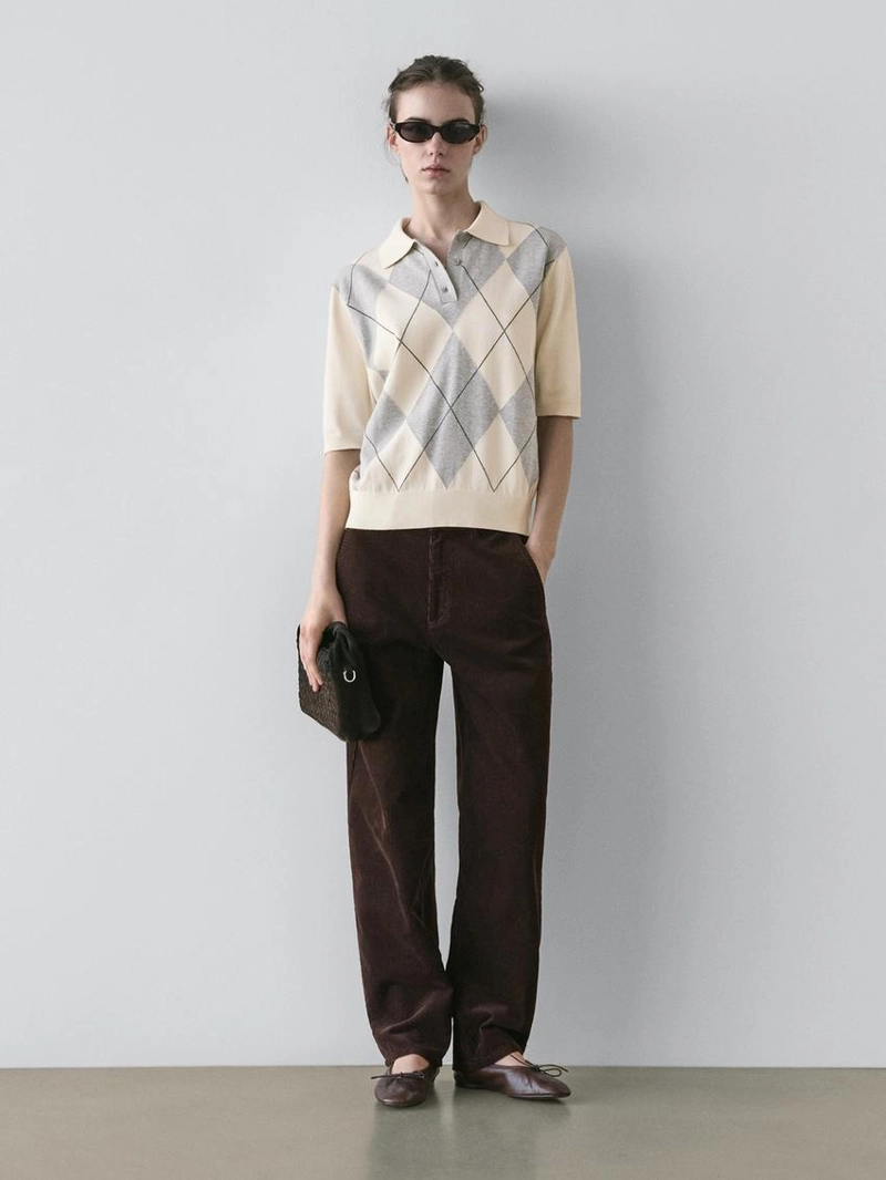 Водолазка с поло из джерси с узором из алмазной вязки