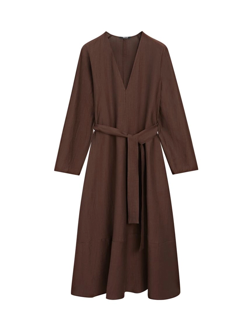 Платье-миди из льняно-вискозной ткани с поясом