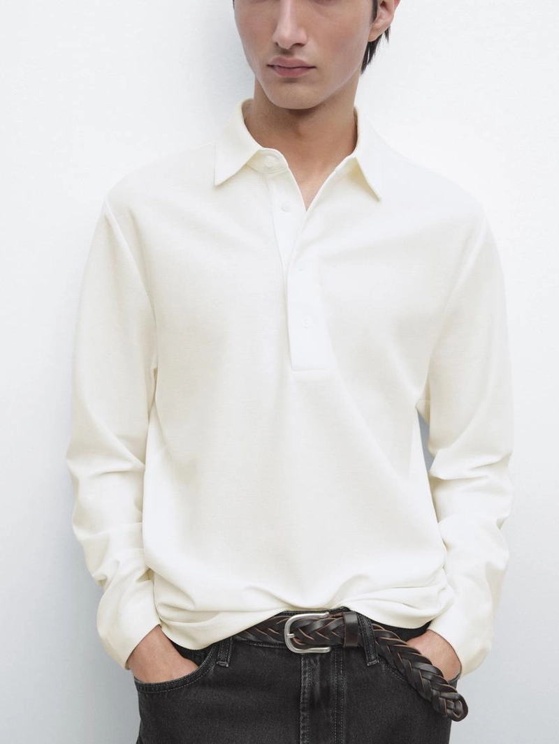 Поло из пике с длинными рукавами и деталями на планке