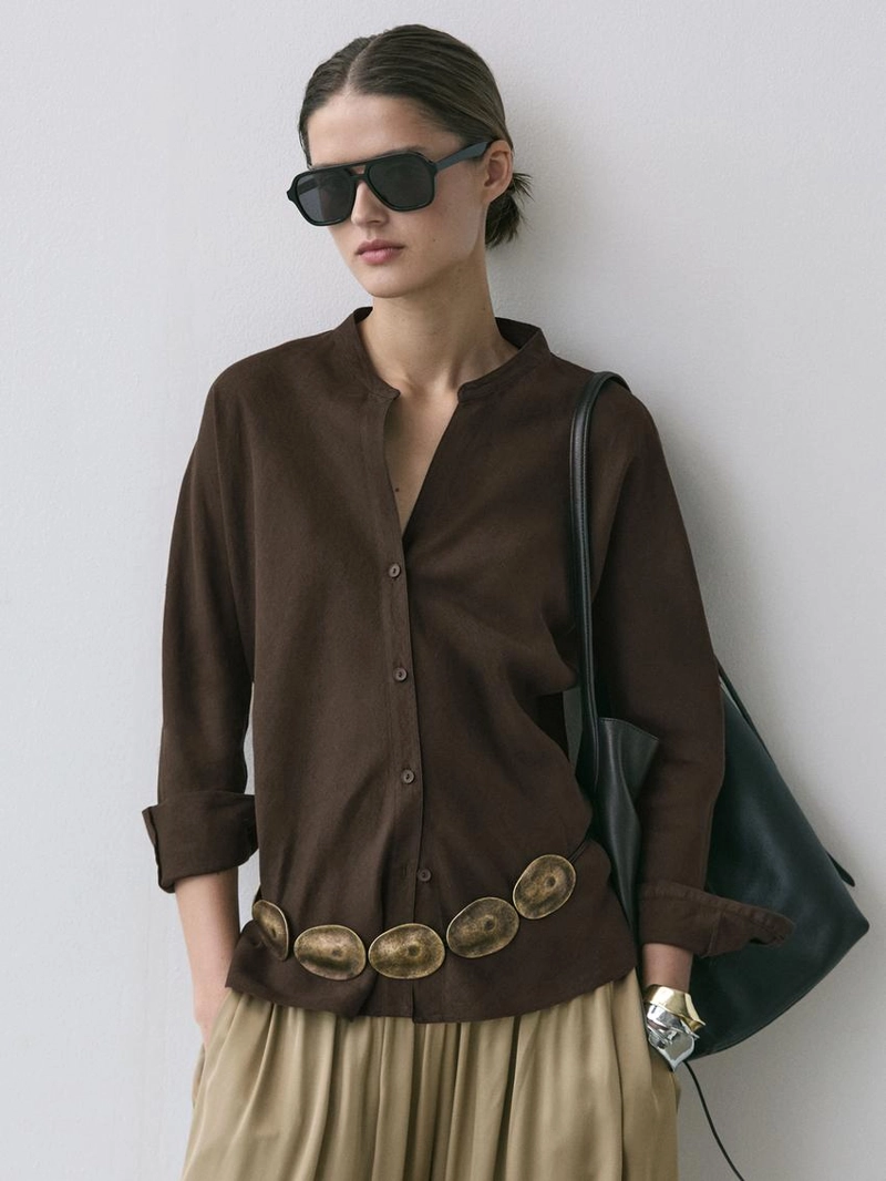 Рубашка с воротником стойкой из 100% льна