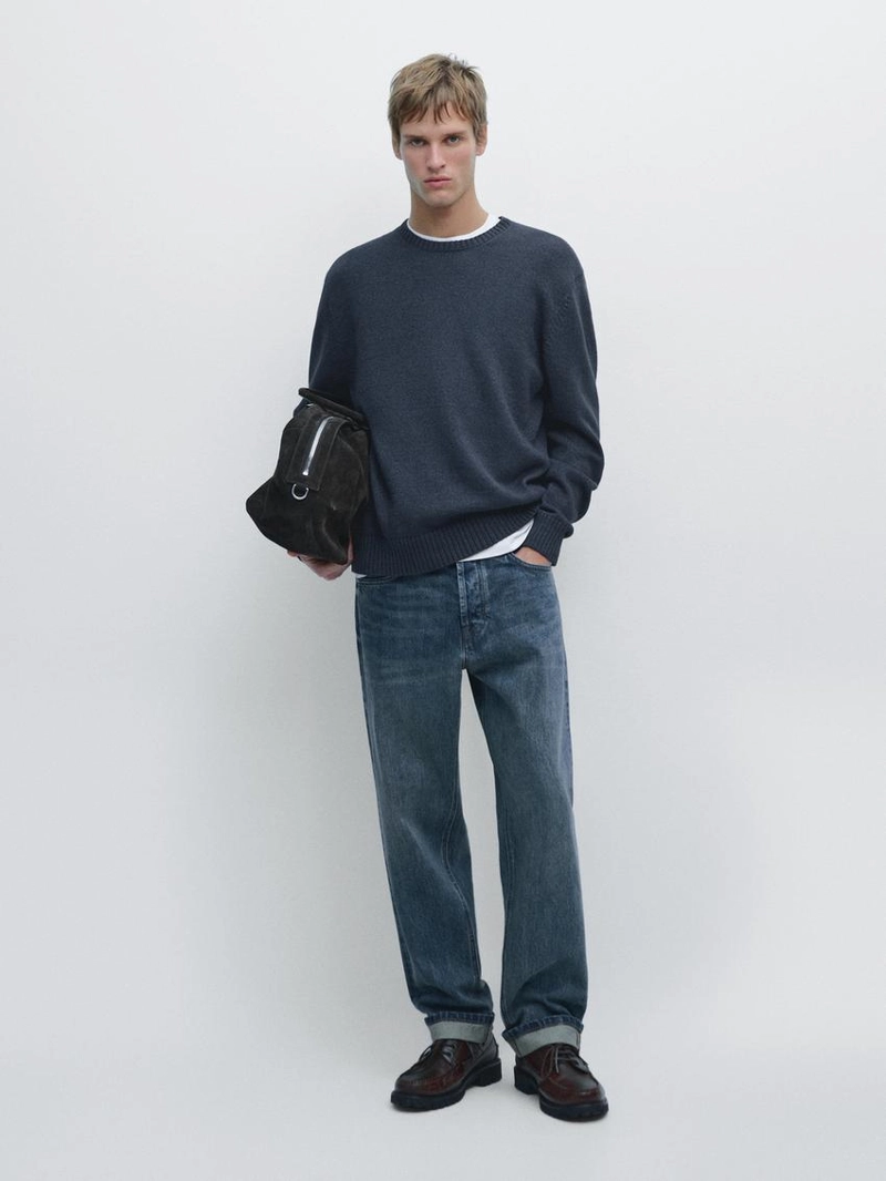 Джинсовый эффект вязаный свитер с круглым вырезом