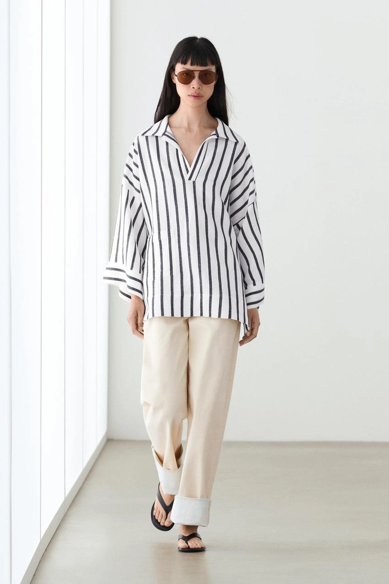 Рубашка с полосками в стиле oversize из льняной смеси