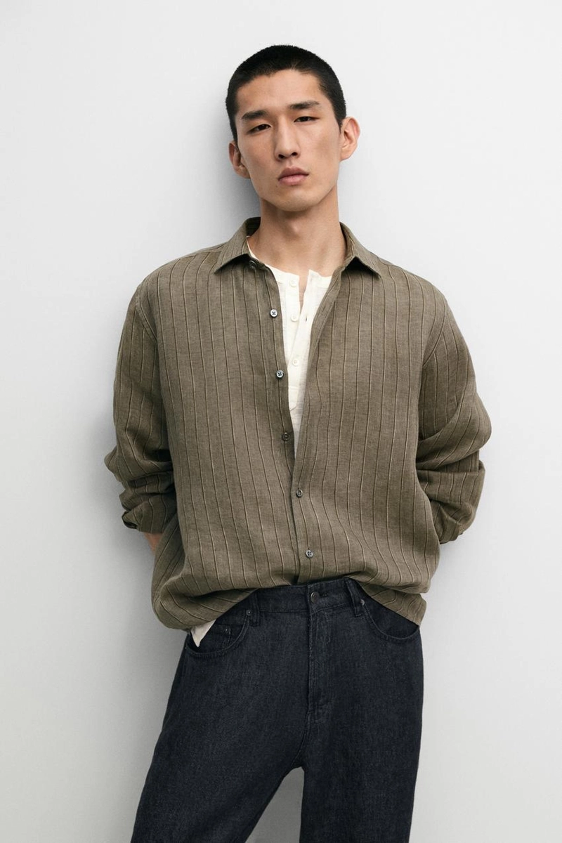 Рубашка в полоску из 100% льна, классического кроя