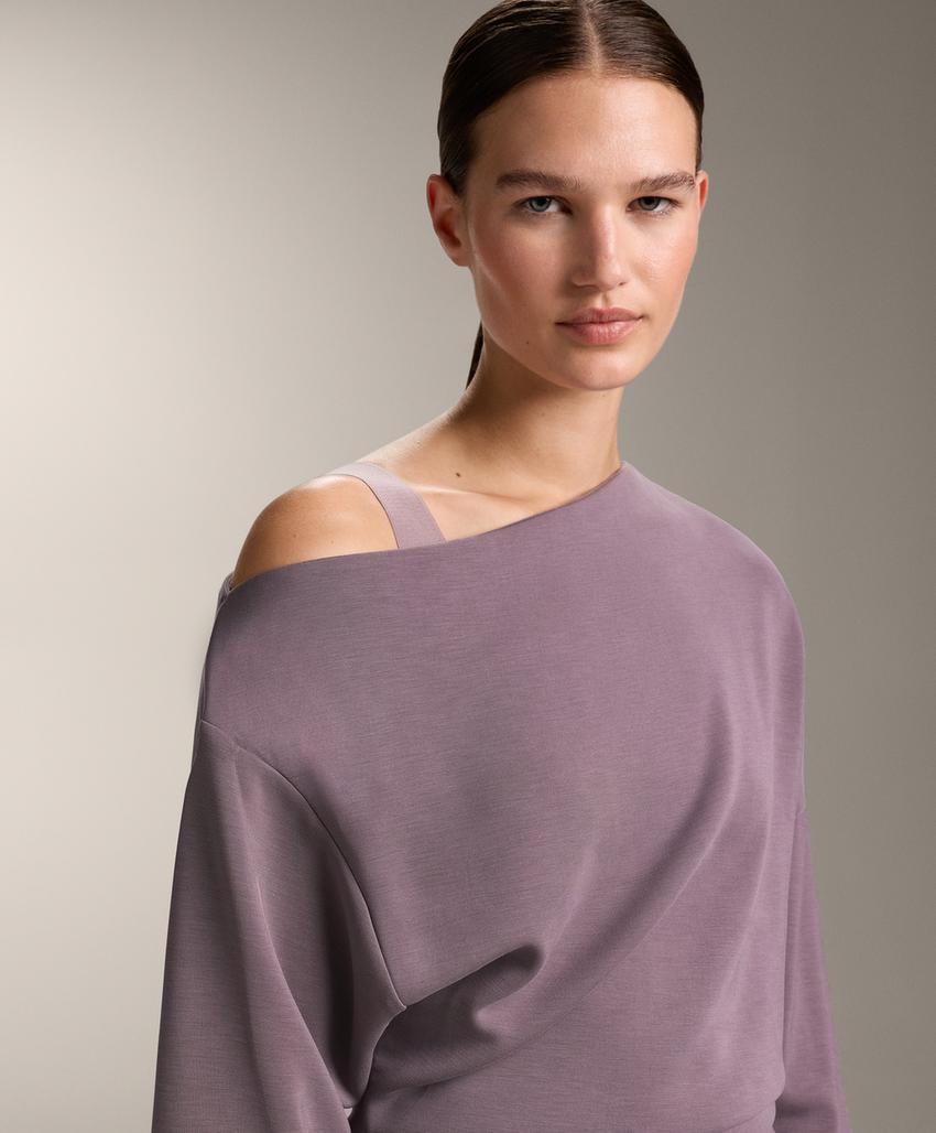 Asymmetric neck sweatshirt with adjustable waist and soft-touch modal