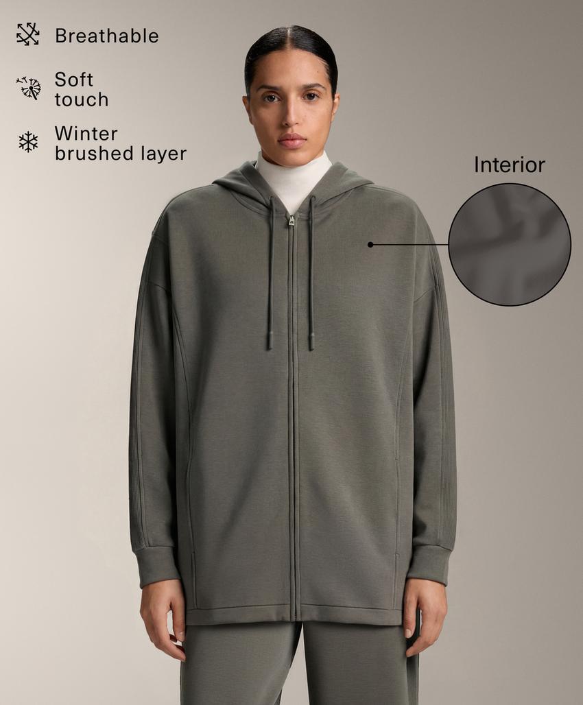 Длинная куртка с капюшоном, детали в рубчик, из модала с начесом