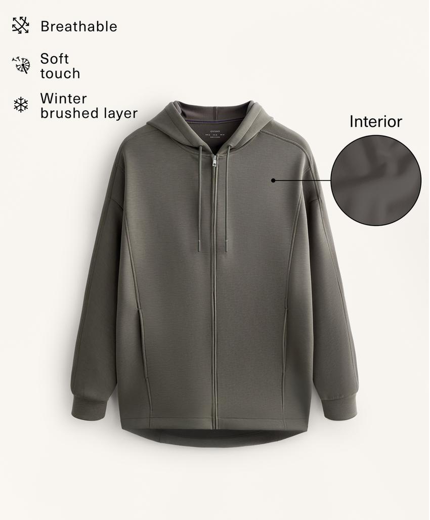 Длинная куртка с капюшоном, детали в рубчик, из модала с начесом