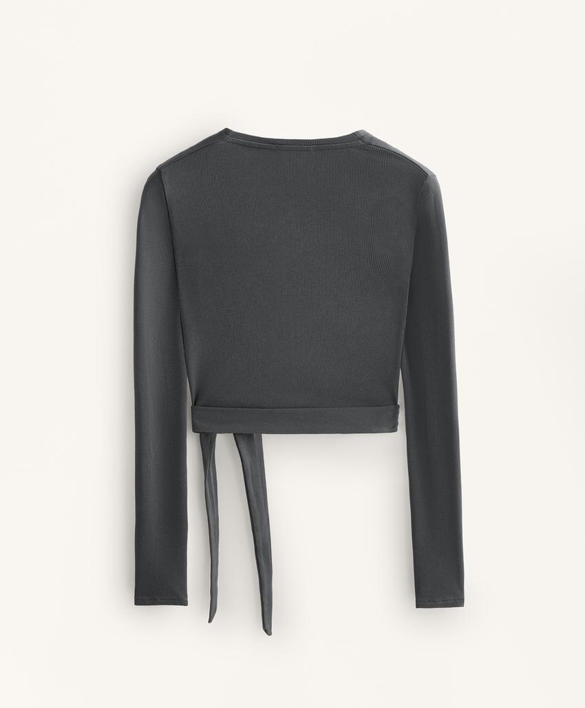 Лонгслив на запах из смесового хлопка в рубчик