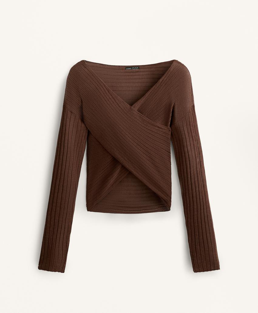 Полупрозрачный тонкий вязаный свитер с перекрещивающимся рубашечным воротником