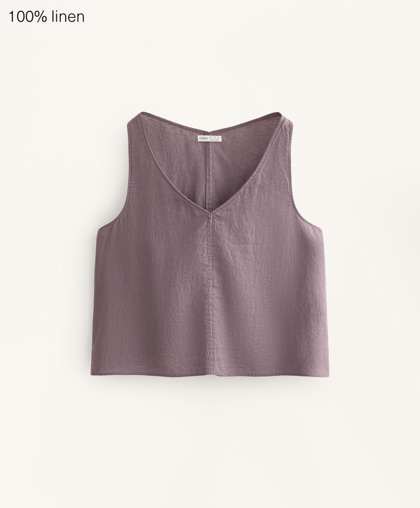 Топ с v-образным вырезом и бретельками из 100% льна