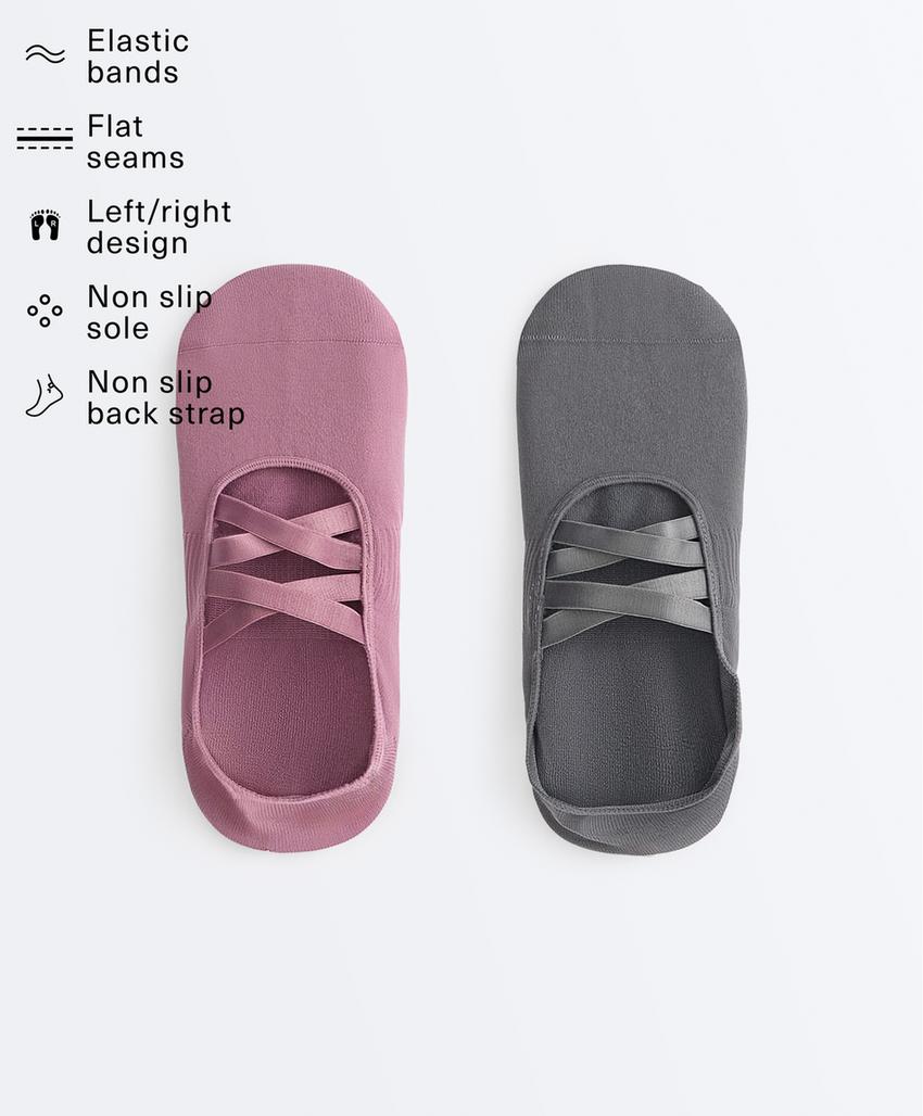 2 pairs of invisible polyamide blend yoga and Pilates socks with double straps