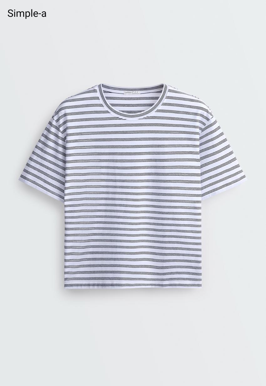 T-shirt de manga curta às riscas em mistura de algodão