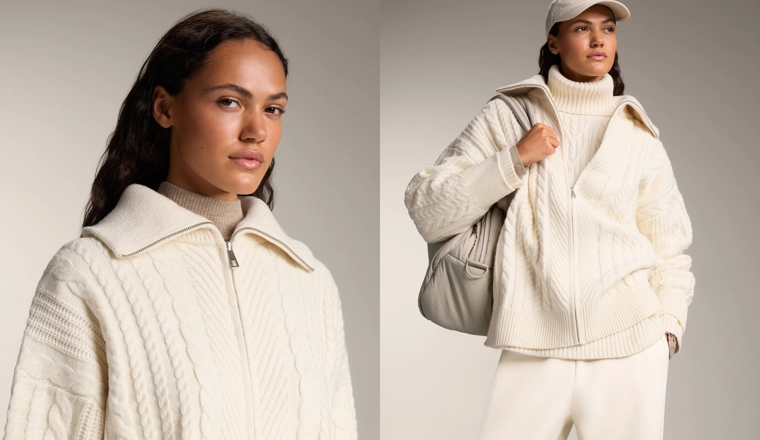 Кардиган с высоким воротником и кабельной вязкой