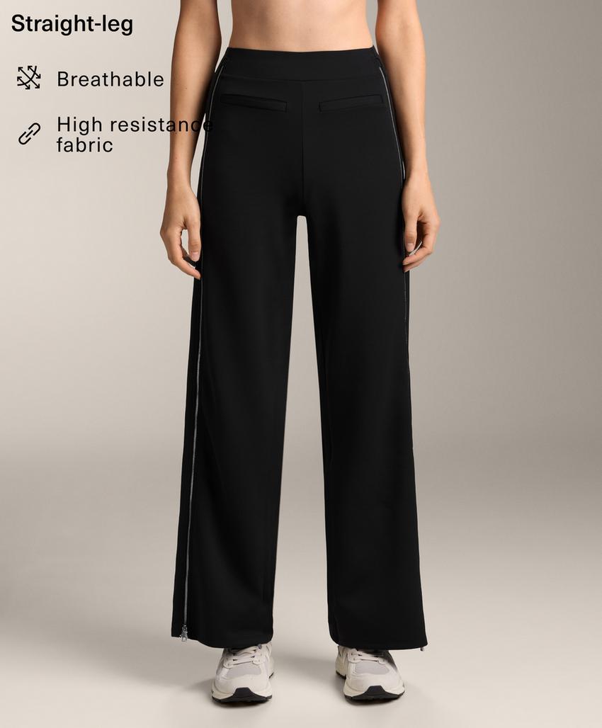 Брюки с высокой талией и полной длиной в эффекте неопрена с молнией