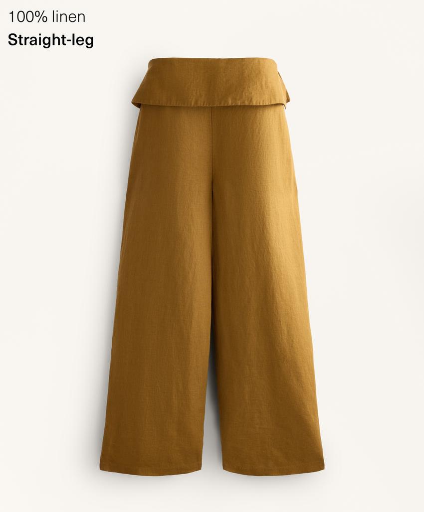Прямые льняные брюки с завышенной талией из 100% льна