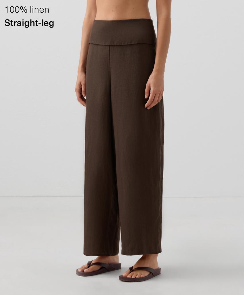 Прямые льняные брюки с завышенной талией из 100% льна