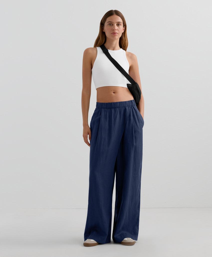 Широкие прямые льняные брюки с перекрещивающимся передом из 100% льна