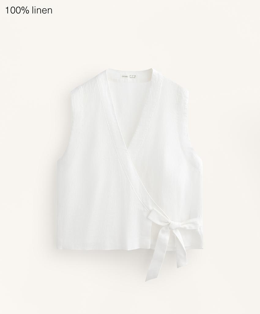 Топ из 100% льна с переплетающимися крест-накрест полосками и завязкой