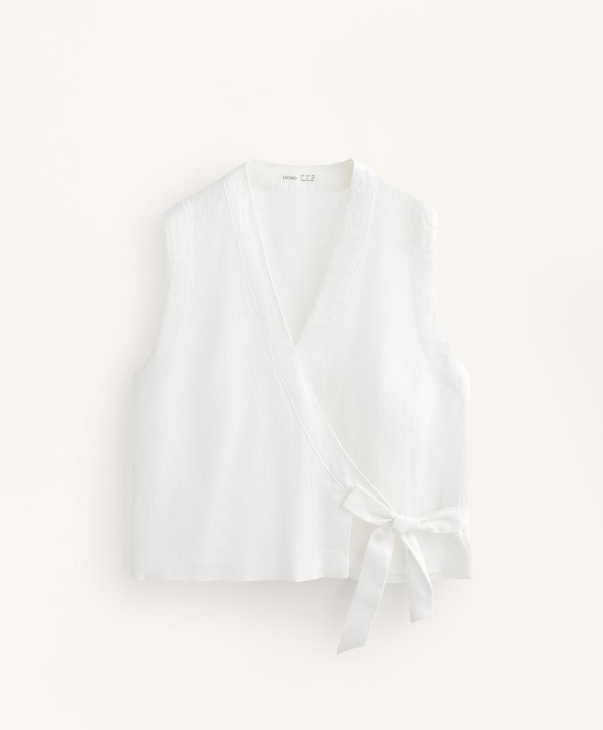 Топ из 100% льна с переплетающимися крест-накрест полосками и завязкой