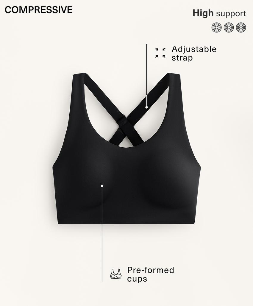 Compressive firm support cross-back sports bra