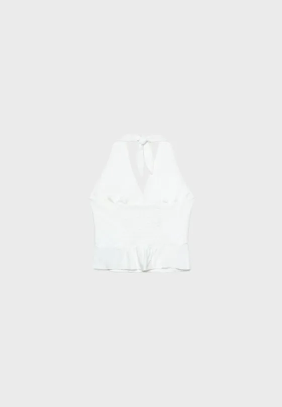 Топ из смесового льна с горловиной халтер и пуговицами