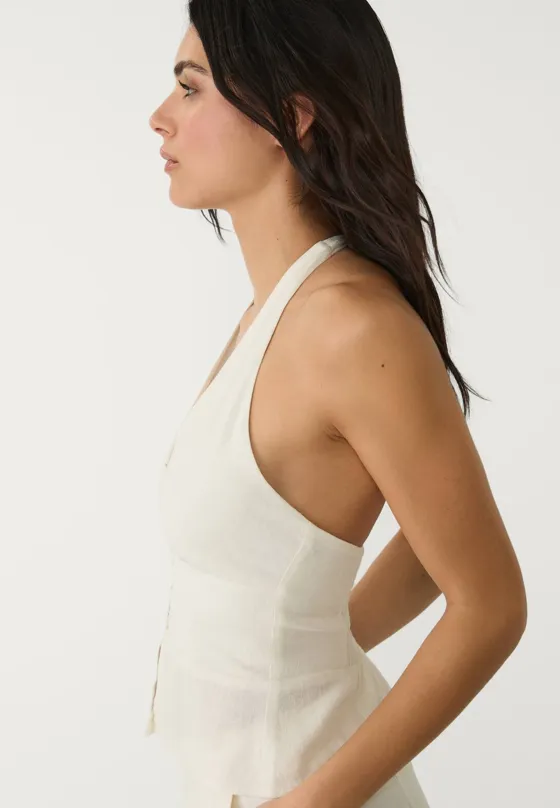 Топ из смесового льна с горловиной халтер и пуговицами