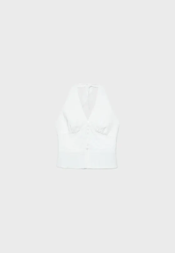 Топ из смесового льна с горловиной халтер и пуговицами