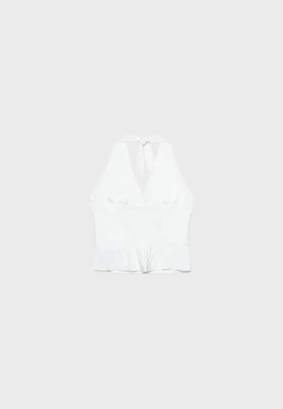 Топ из смесового льна с горловиной халтер и пуговицами