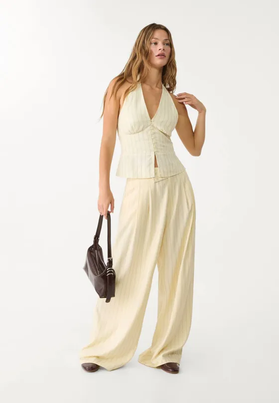 Топ из смесового льна с горловиной халтер и пуговицами